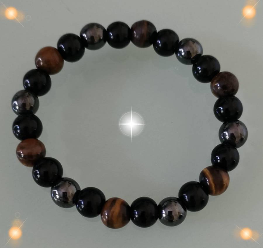 Tachyon Obsidian, Tiger Eye, Hematite Bracelet, 18.5 cm 