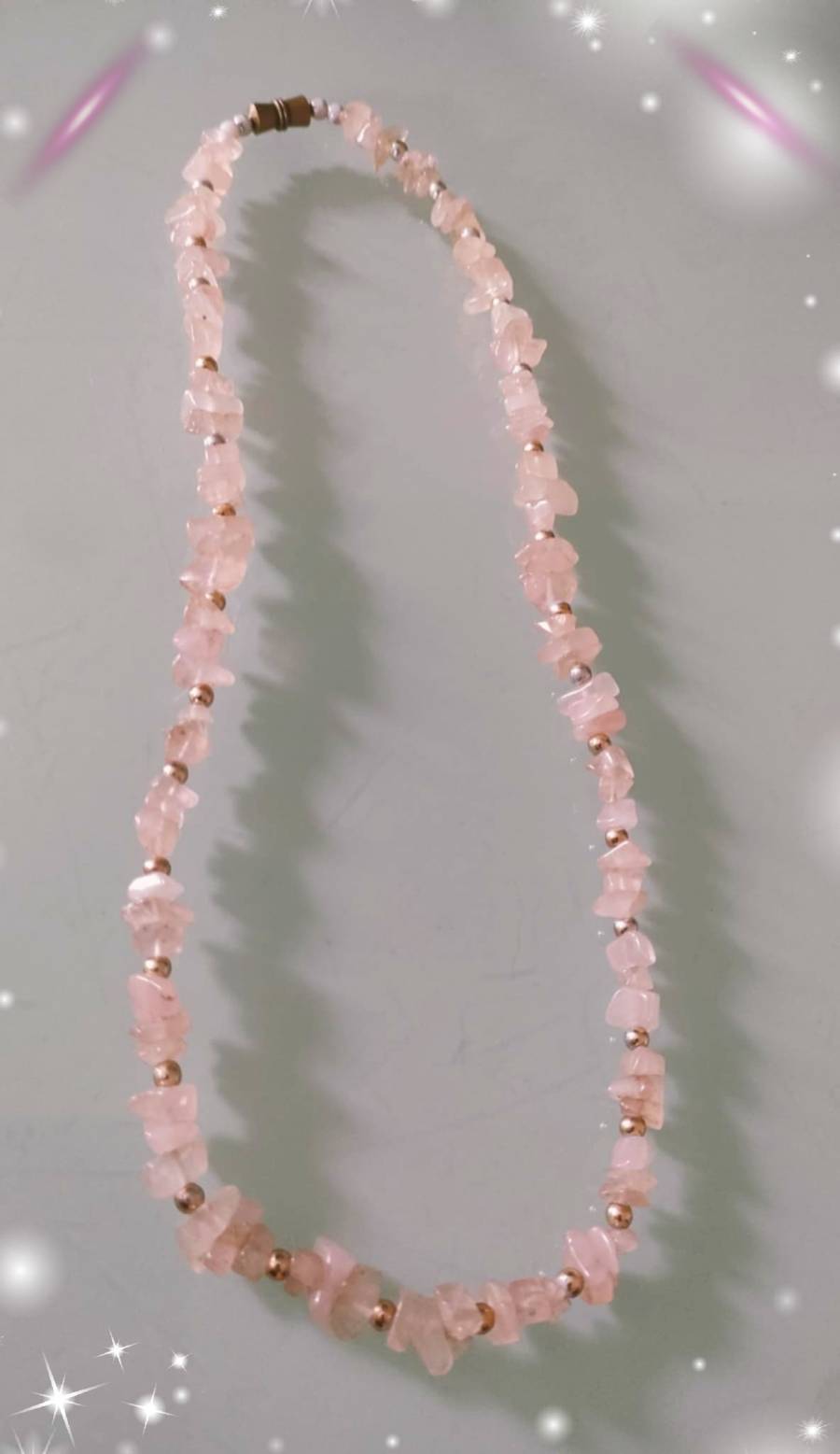 Tachyon Rose Quartz Necklace with Golden Perls